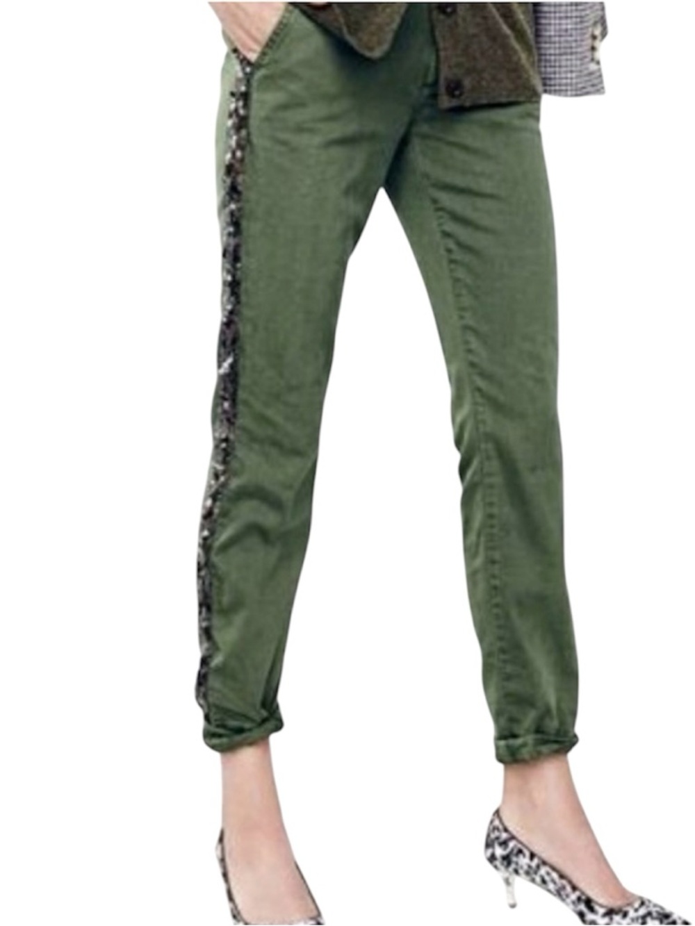 J. Crew Olive Chino Sequin Side Stripe Pants